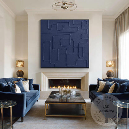 Navy Blue 3D Texture Wall Art, Minimalist Square Abstract Painting on Canvas, Ex #4