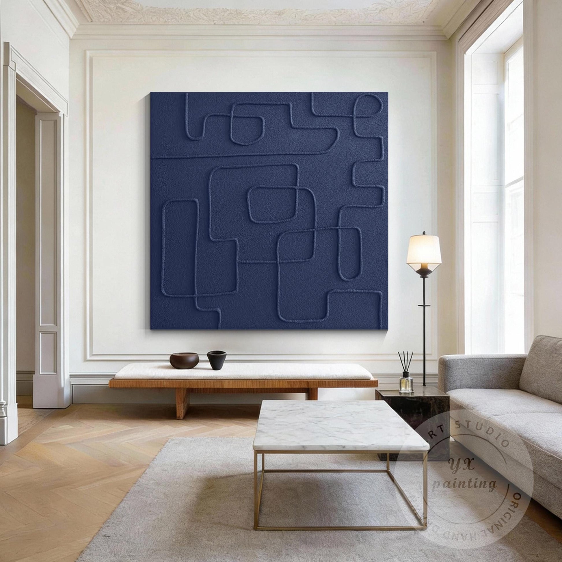 Navy Blue 3D Texture Wall Art, Minimalist Square Abstract Painting on Canvas, Ex #5