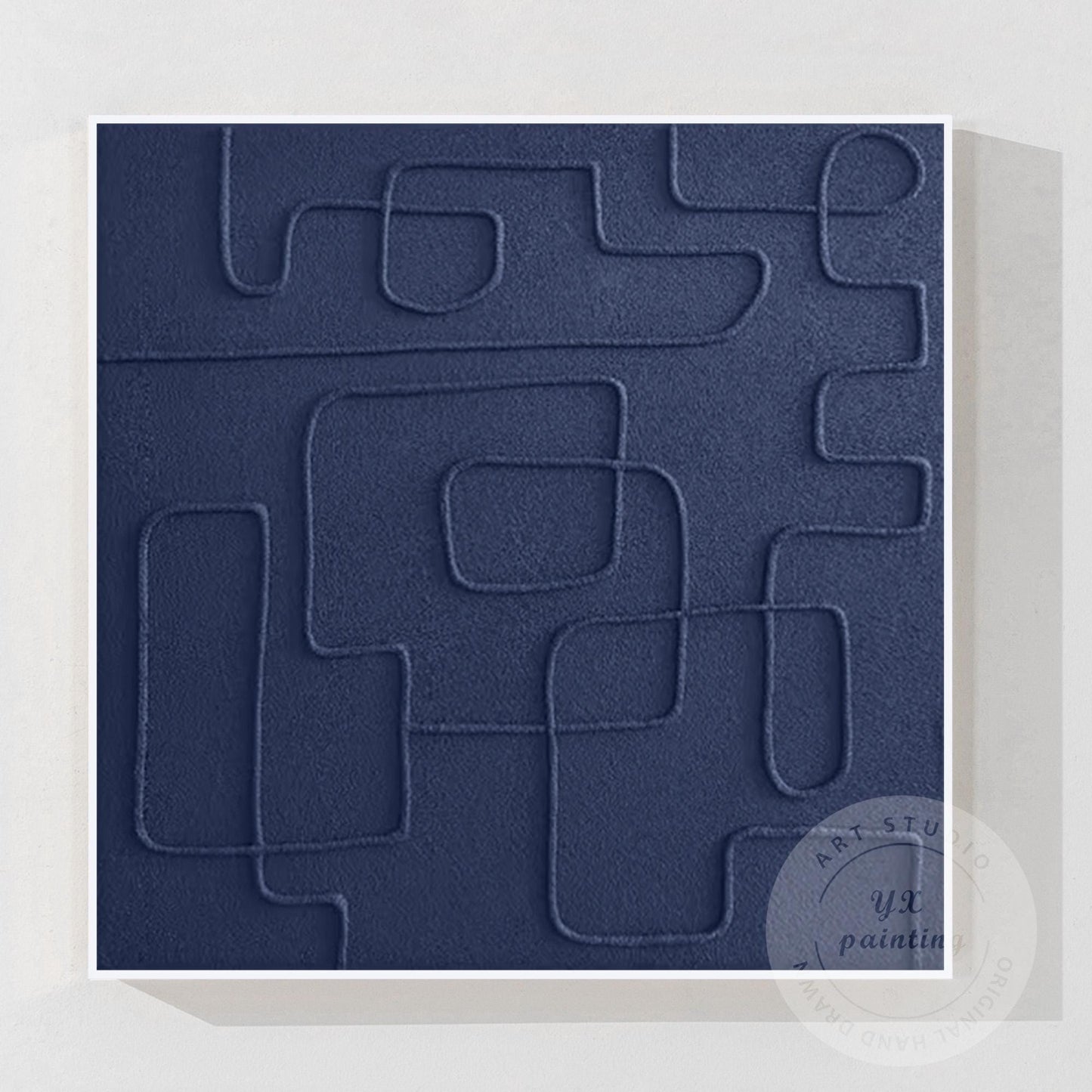 Navy Blue 3D Texture Wall Art, Minimalist Square Abstract Painting on Canvas, Ex #7