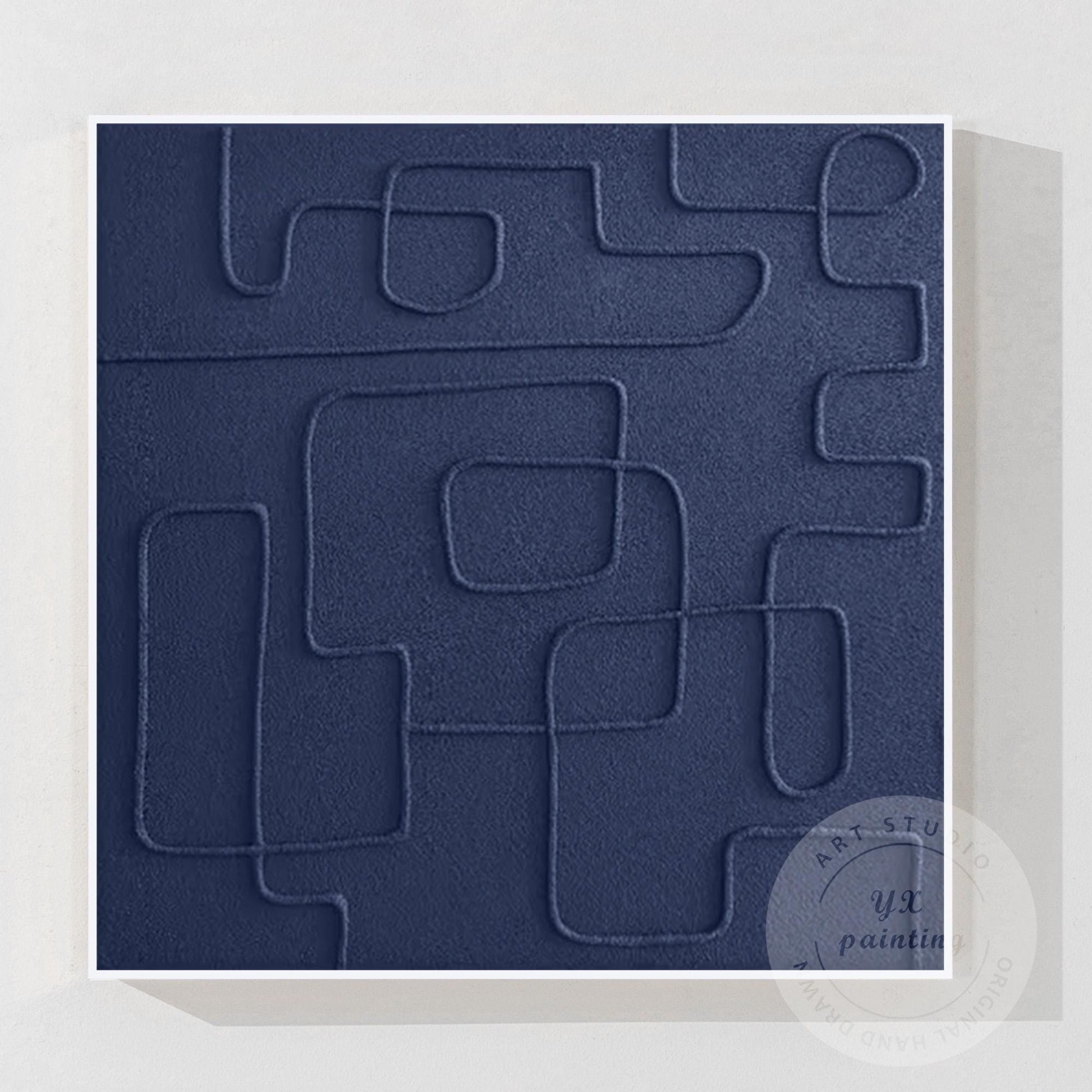 Navy Blue 3D Texture Wall Art, Minimalist Square Abstract Painting on Canvas, Ex #7