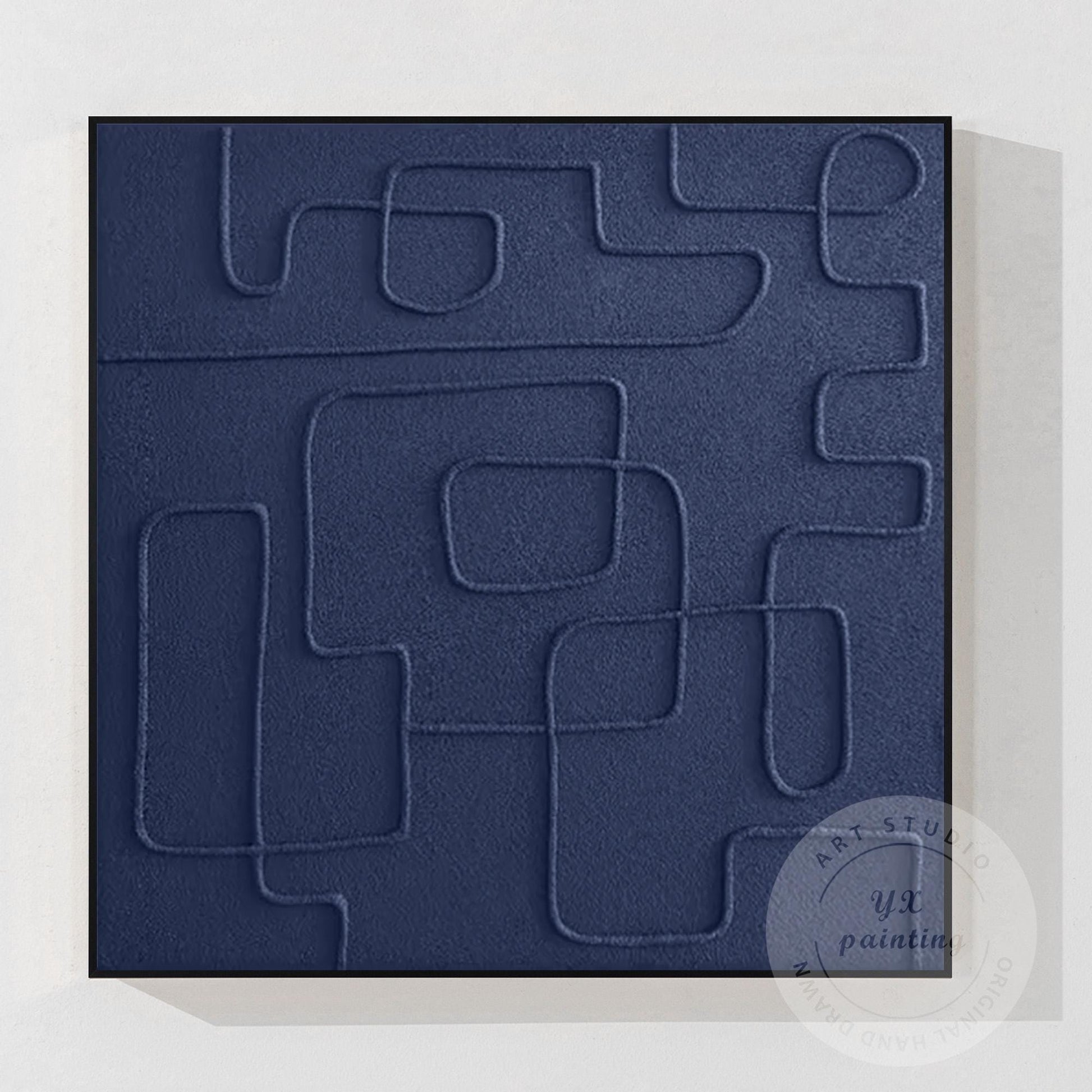 Navy Blue 3D Texture Wall Art, Minimalist Square Abstract Painting on Canvas, Ex #8