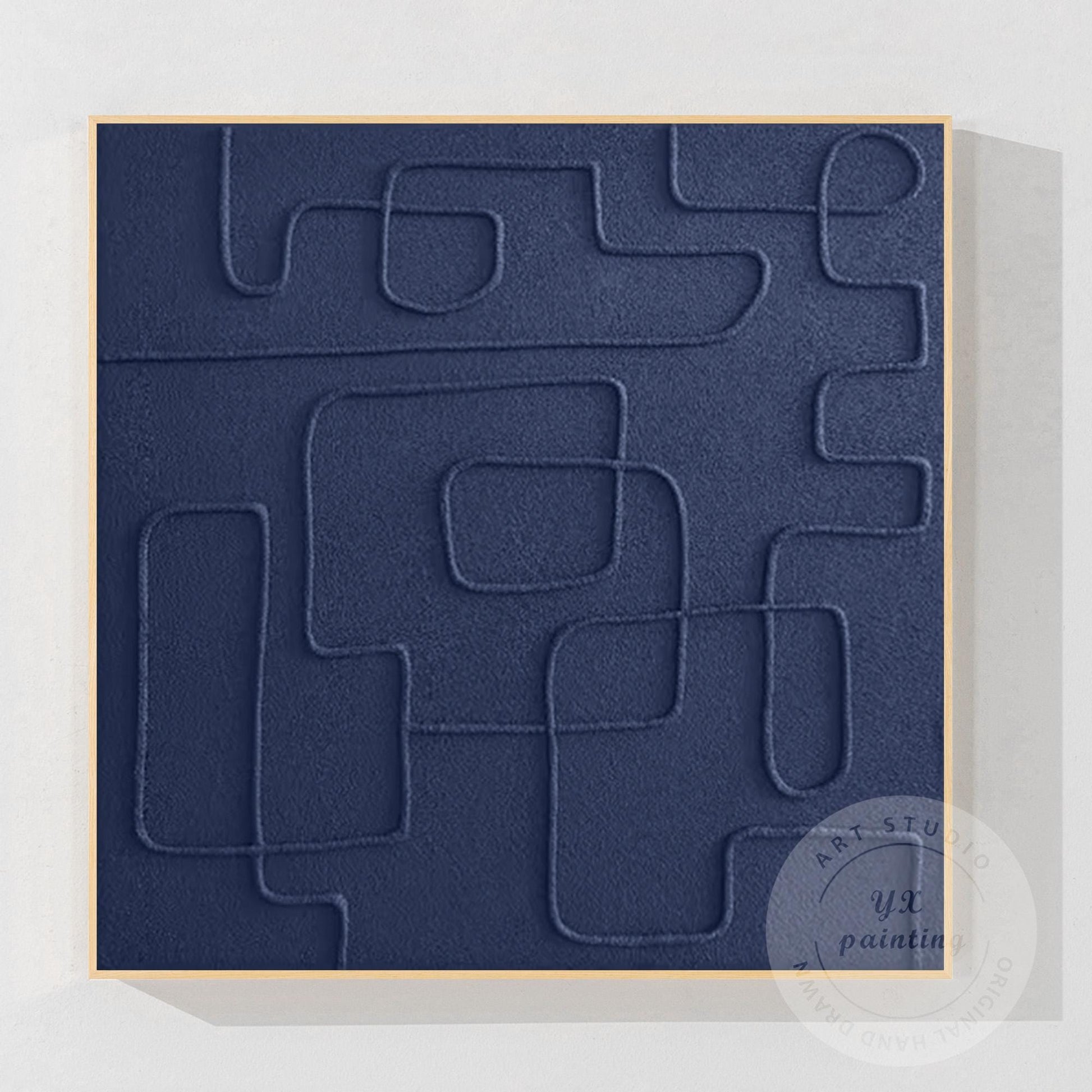 Navy Blue 3D Texture Wall Art, Minimalist Square Abstract Painting on Canvas, Ex #9