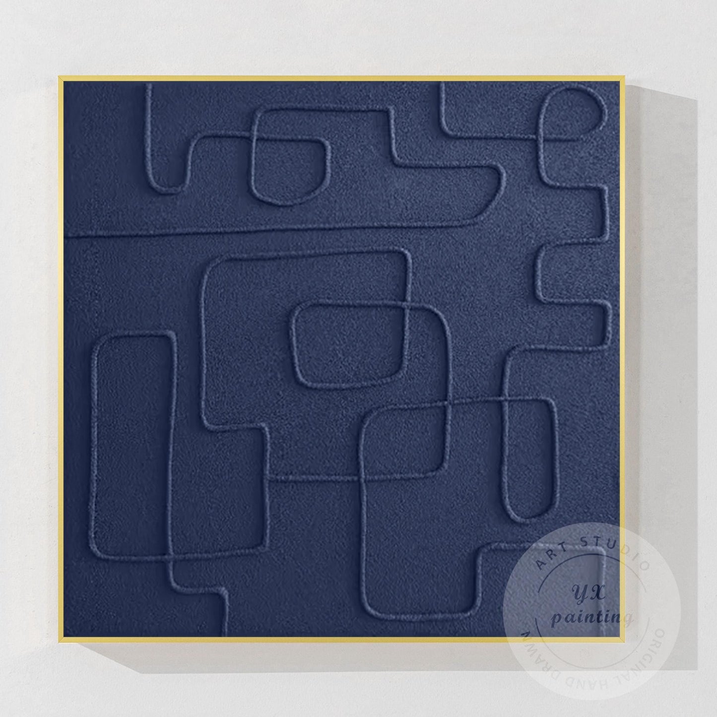 Navy Blue 3D Texture Wall Art, Minimalist Square Abstract Painting on Canvas, Ex #10