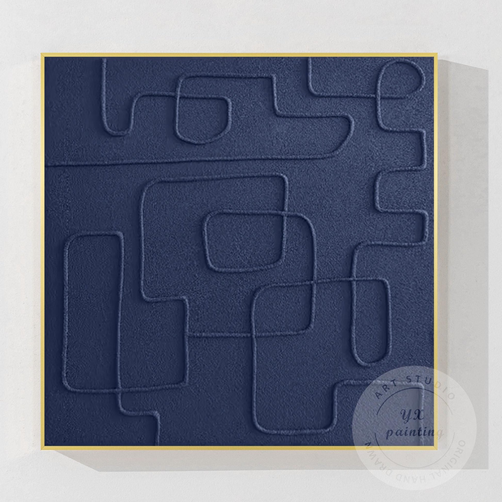 Navy Blue 3D Texture Wall Art, Minimalist Square Abstract Painting on Canvas, Ex #10