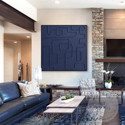 Navy Blue 3D Texture Wall Art, Minimalist Square Abstract Painting on Canvas, Ex #1