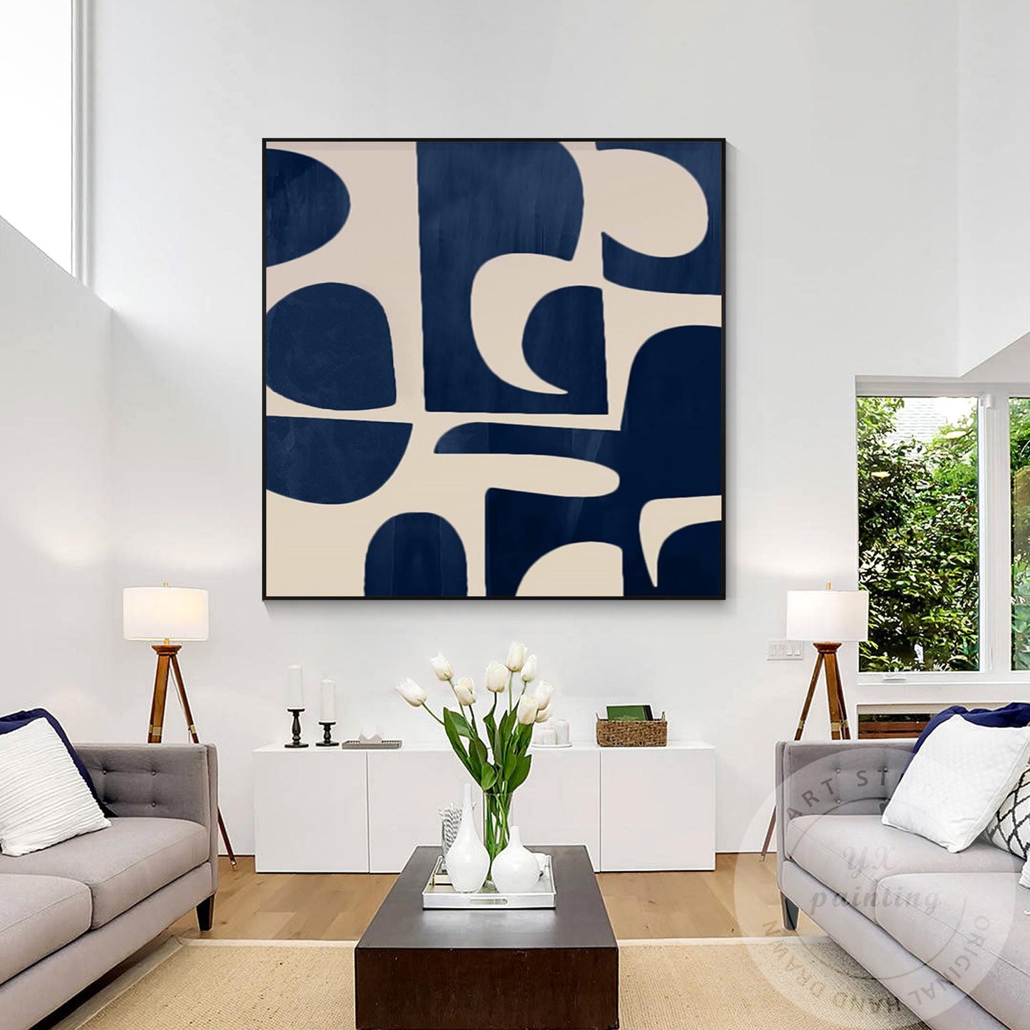 Navy Blue Abstract Acrylic Painting, Geometric Minimalist Canvas Art #2