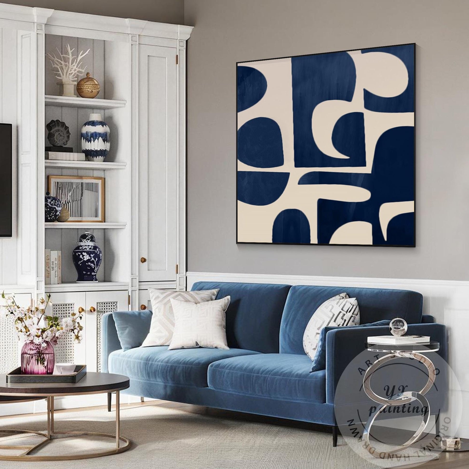 Navy Blue Abstract Acrylic Painting, Geometric Minimalist Canvas Art #3