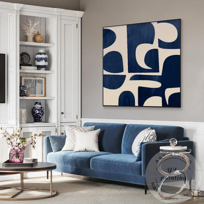 Navy Blue Abstract Acrylic Painting, Geometric Minimalist Canvas Art #3