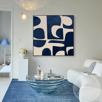 Navy Blue Abstract Acrylic Painting, Geometric Minimalist Canvas Art #4