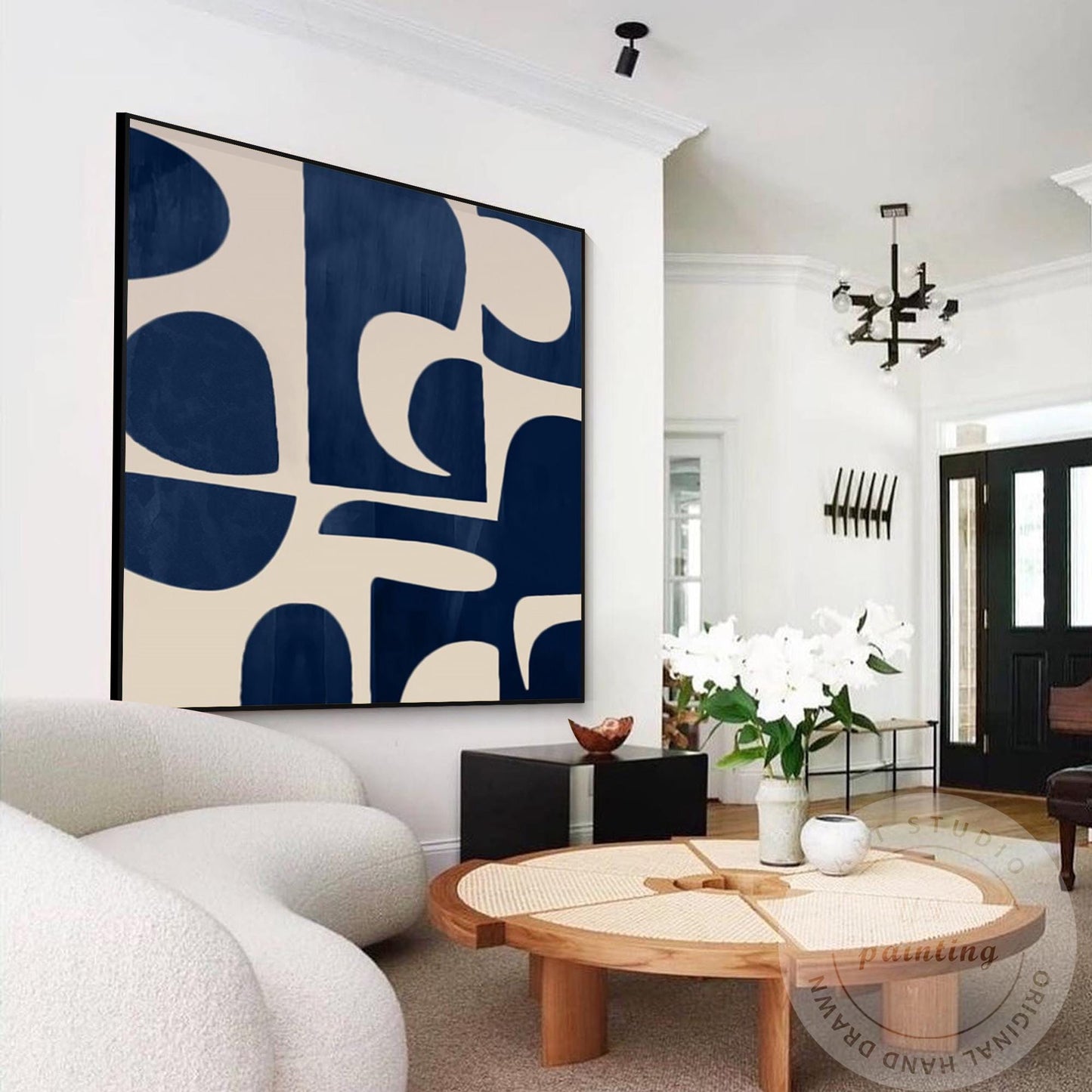 Navy Blue Abstract Acrylic Painting, Geometric Minimalist Canvas Art #5