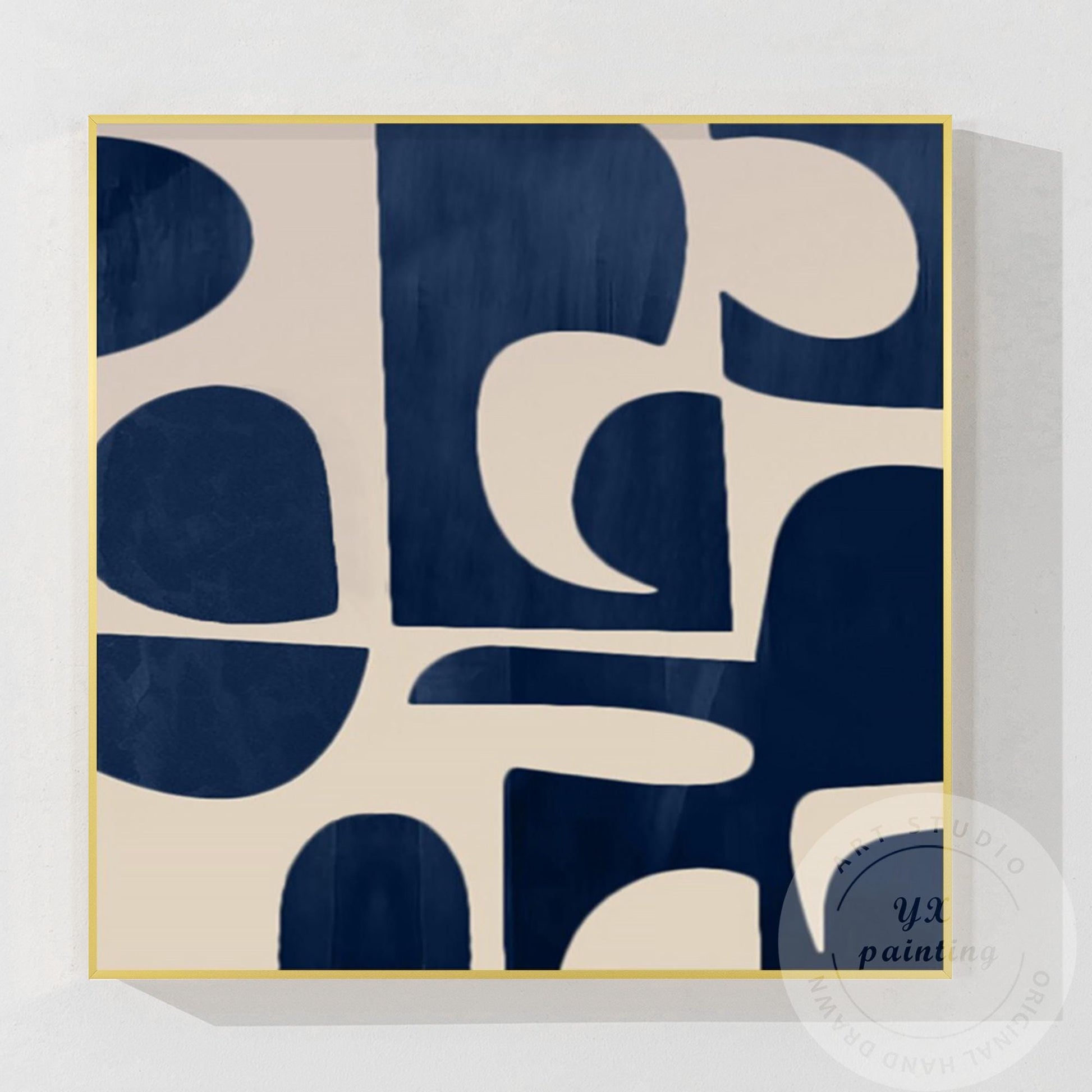 Navy Blue Abstract Acrylic Painting, Geometric Minimalist Canvas Art #9