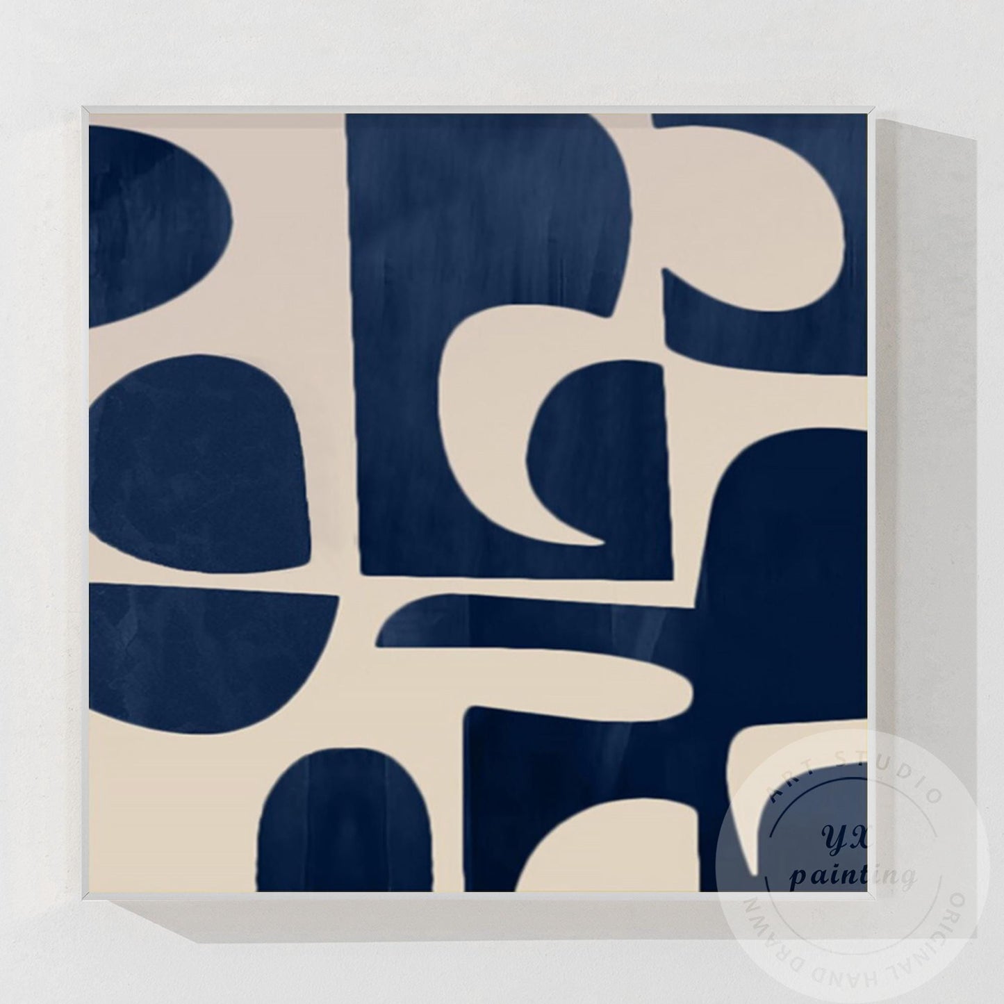 Navy Blue Abstract Acrylic Painting, Geometric Minimalist Canvas Art #10