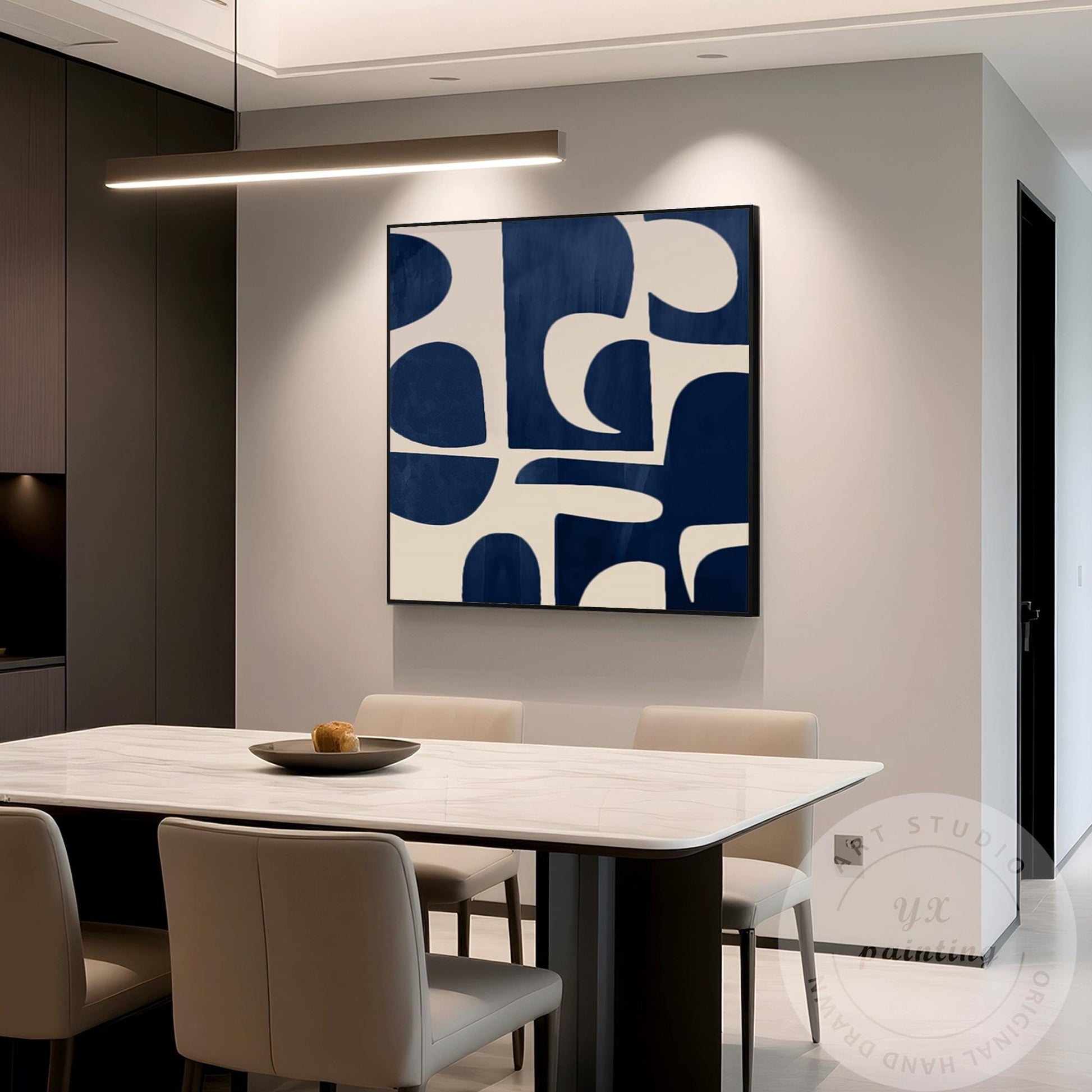 Navy Blue Abstract Acrylic Painting, Geometric Minimalist Canvas Art #1