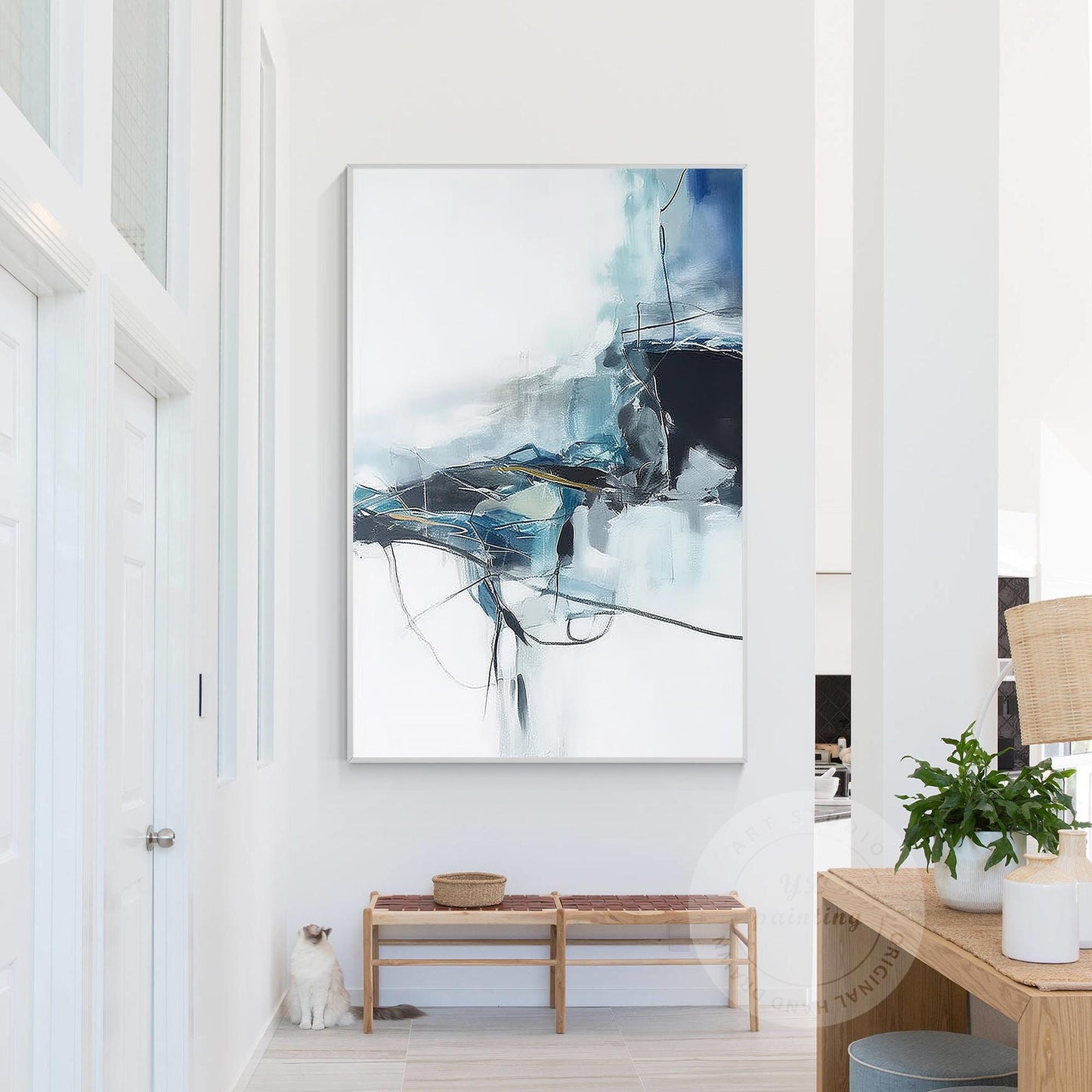 Navy Blue Abstract Canvas Art: Minimalist Living Room Decor, Framed Option #3