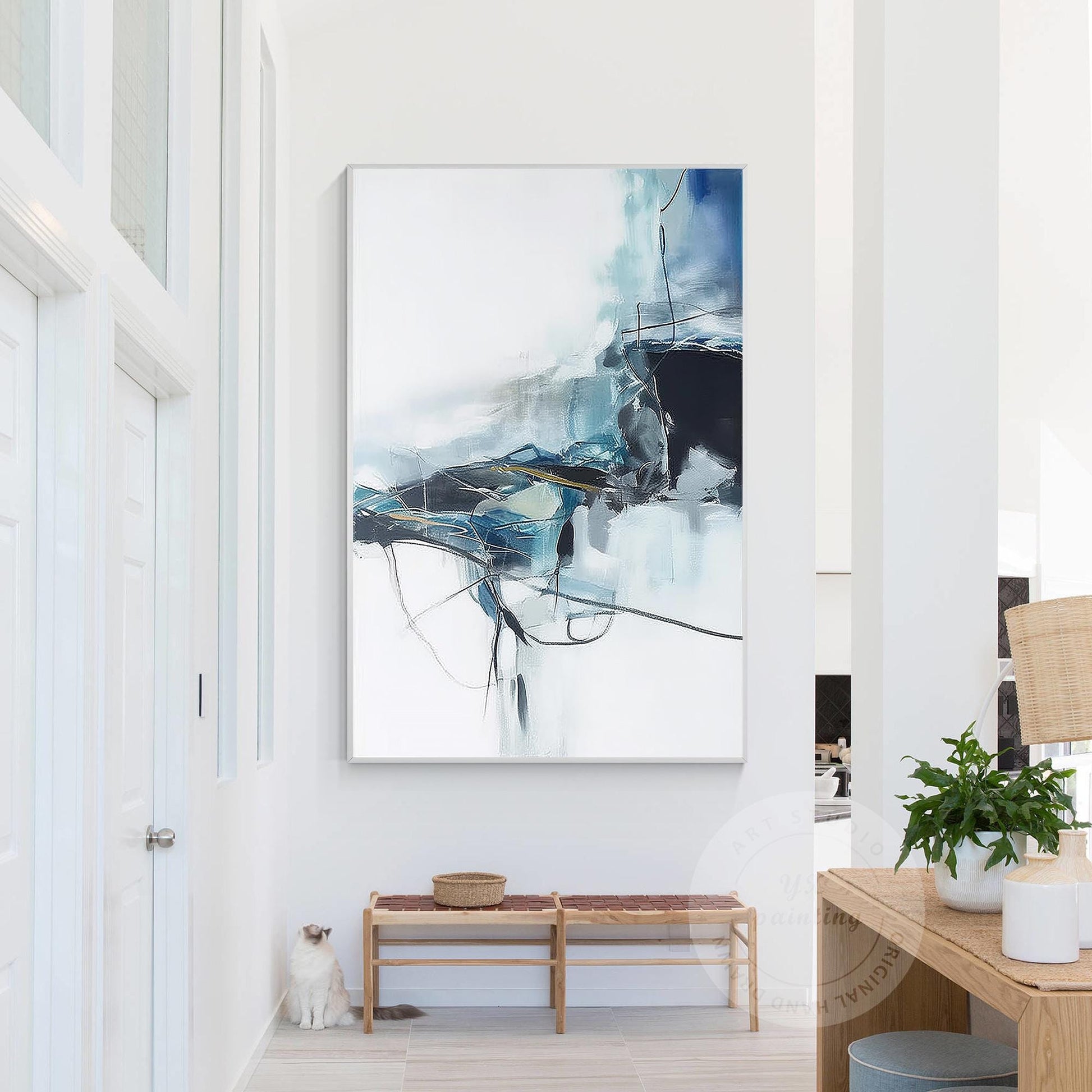 Navy Blue Abstract Canvas Art: Minimalist Living Room Decor, Framed Option #3