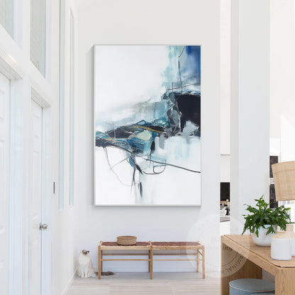 Navy Blue Abstract Canvas Art: Minimalist Living Room Decor, Framed Option #3