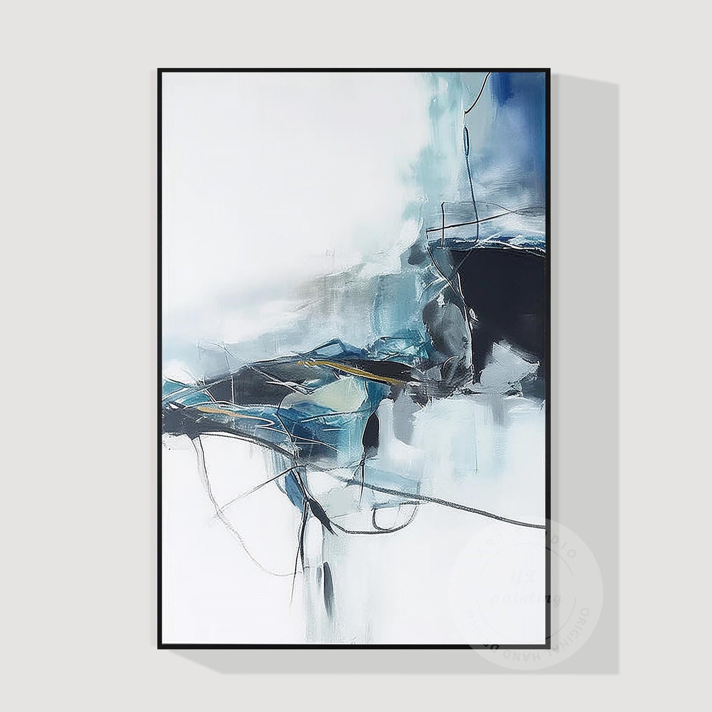 Navy Blue Abstract Canvas Art: Minimalist Living Room Decor, Framed Option #7