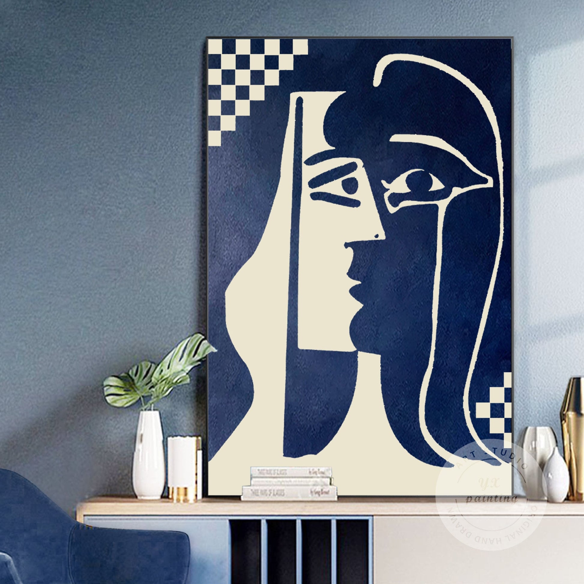 Navy Blue Abstract Kiss Painting: Minimalist Canvas Wall Art #2