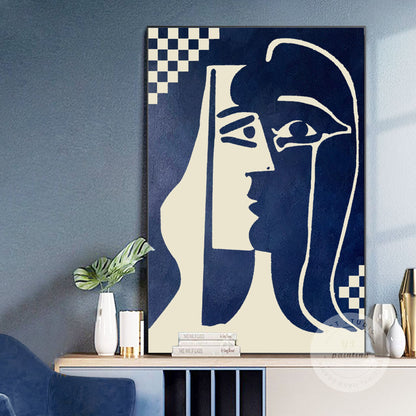 Navy Blue Abstract Kiss Painting: Minimalist Canvas Wall Art #2