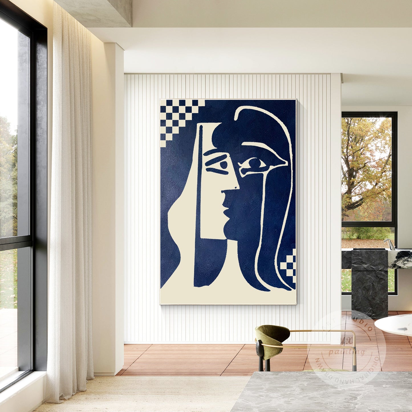 Navy Blue Abstract Kiss Painting: Minimalist Canvas Wall Art #3