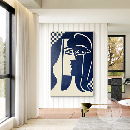 Navy Blue Abstract Kiss Painting: Minimalist Canvas Wall Art #3
