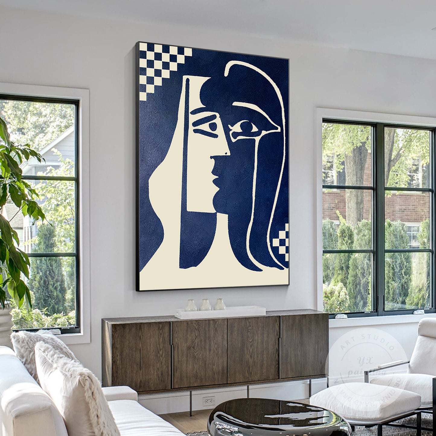 Navy Blue Abstract Kiss Painting: Minimalist Canvas Wall Art #4
