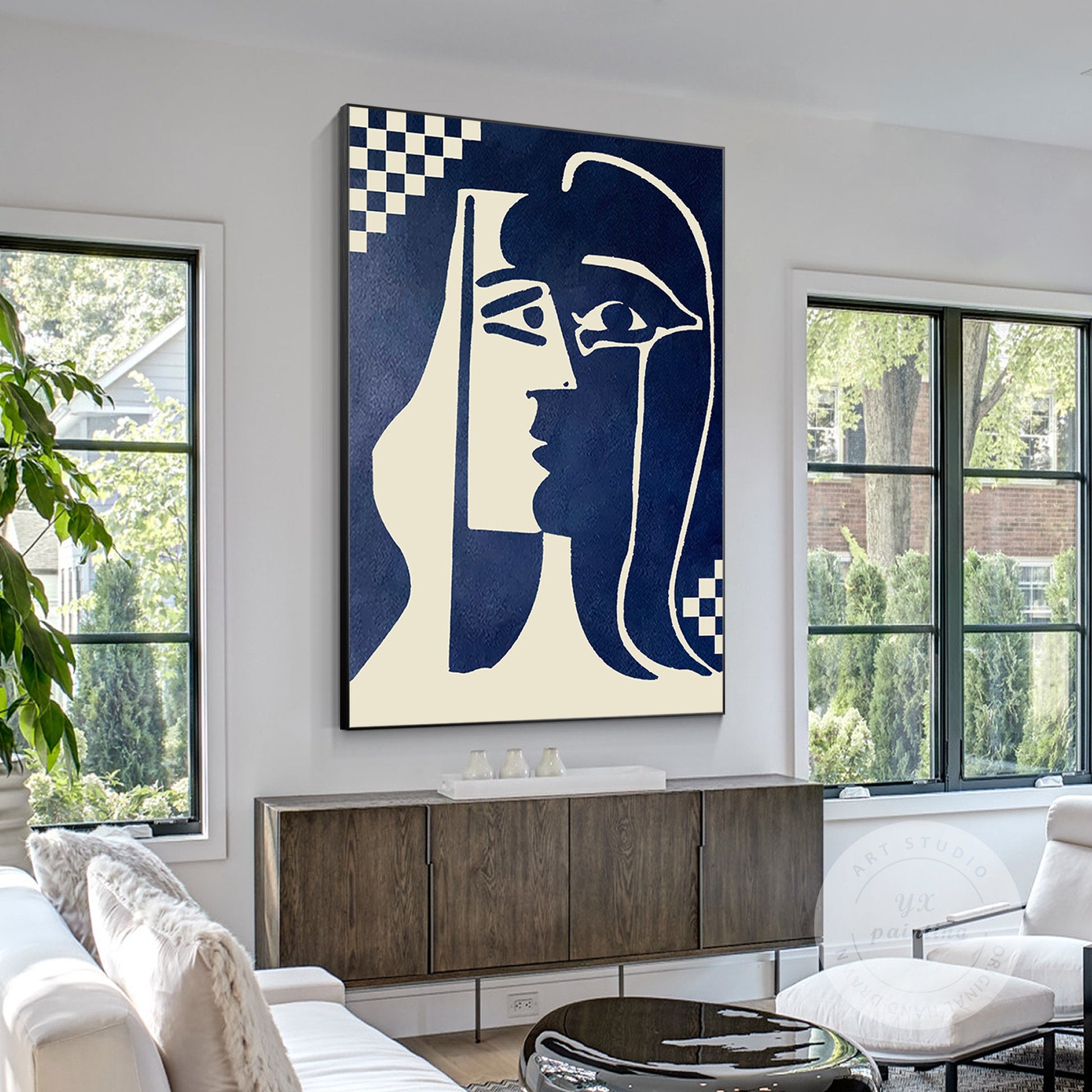 Navy Blue Abstract Kiss Painting: Minimalist Canvas Wall Art #4