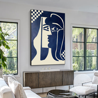 Navy Blue Abstract Kiss Painting: Minimalist Canvas Wall Art #4