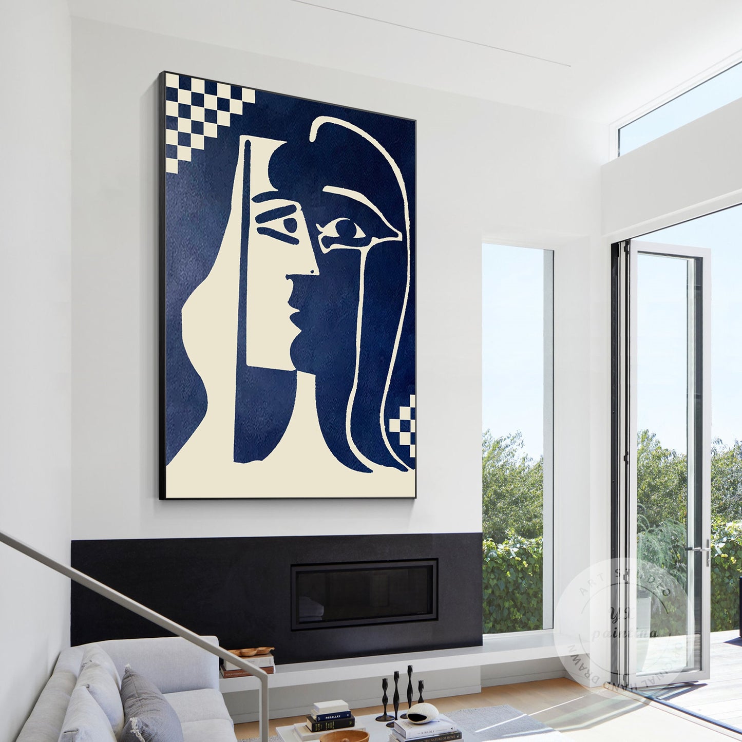 Navy Blue Abstract Kiss Painting: Minimalist Canvas Wall Art #5