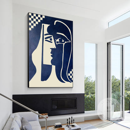Navy Blue Abstract Kiss Painting: Minimalist Canvas Wall Art #5