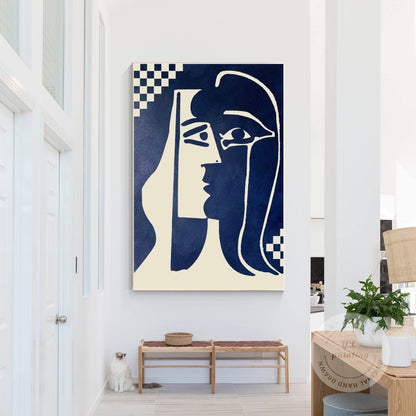 Navy Blue Abstract Kiss Painting: Minimalist Canvas Wall Art #1