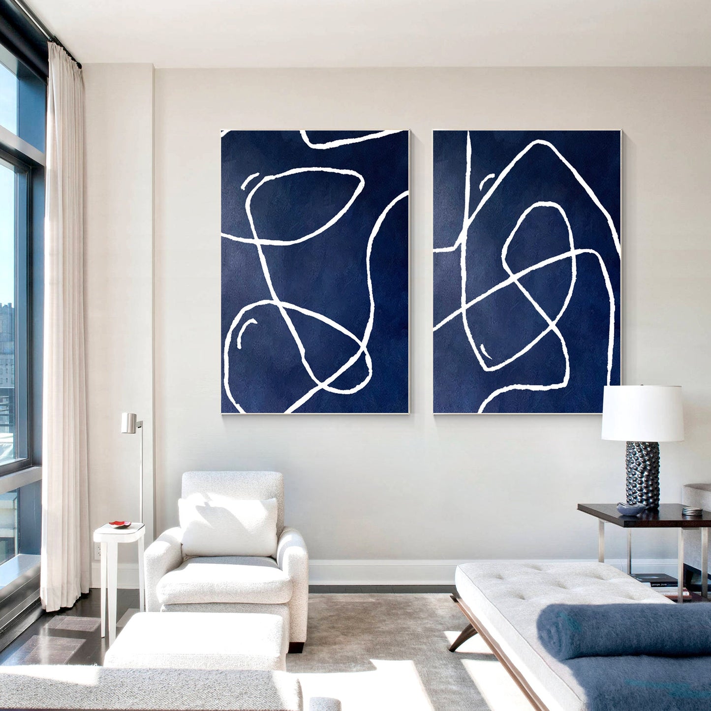Navy Blue Abstract Line Art Diptych Wall Art: Modern Framed Canvas Painting #3