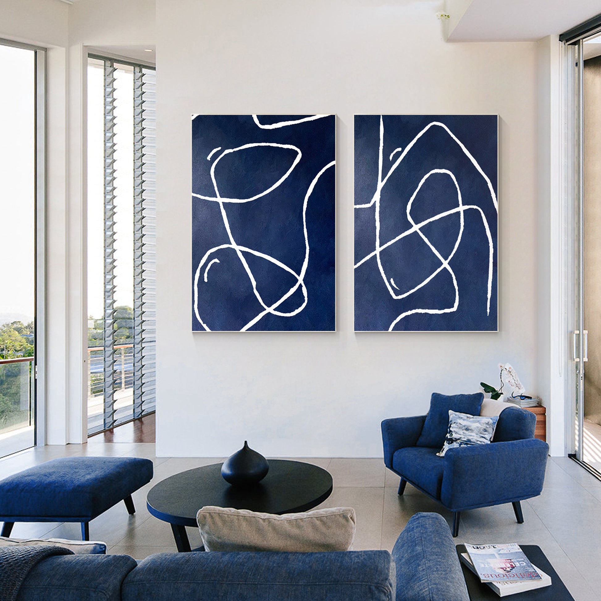 Navy Blue Abstract Line Art Diptych Wall Art: Modern Framed Canvas Painting #4