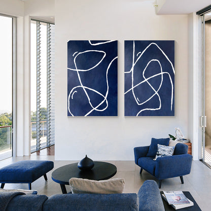 Navy Blue Abstract Line Art Diptych Wall Art: Modern Framed Canvas Painting #4