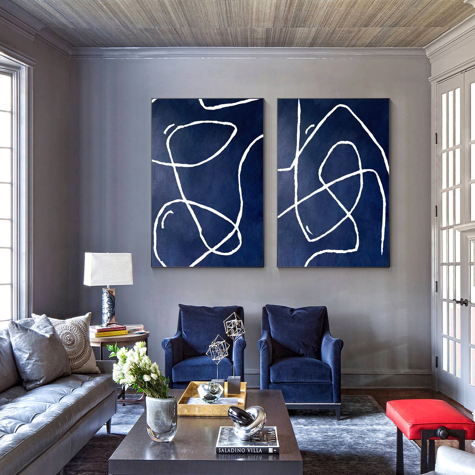 Navy Blue Abstract Line Art Diptych Wall Art: Modern Framed Canvas Painting #5