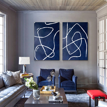 Navy Blue Abstract Line Art Diptych Wall Art: Modern Framed Canvas Painting #5