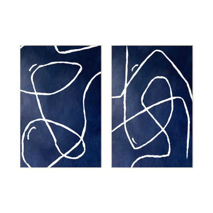 Navy Blue Abstract Line Art Diptych Wall Art: Modern Framed Canvas Painting #9