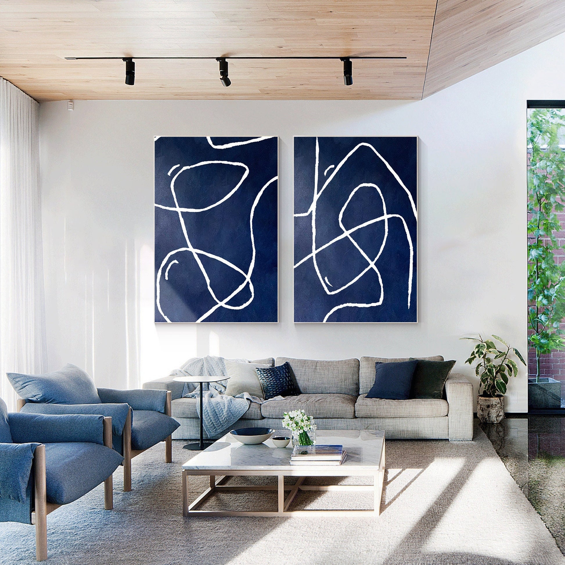 Navy Blue Abstract Line Art Diptych Wall Art: Modern Framed Canvas Painting #1