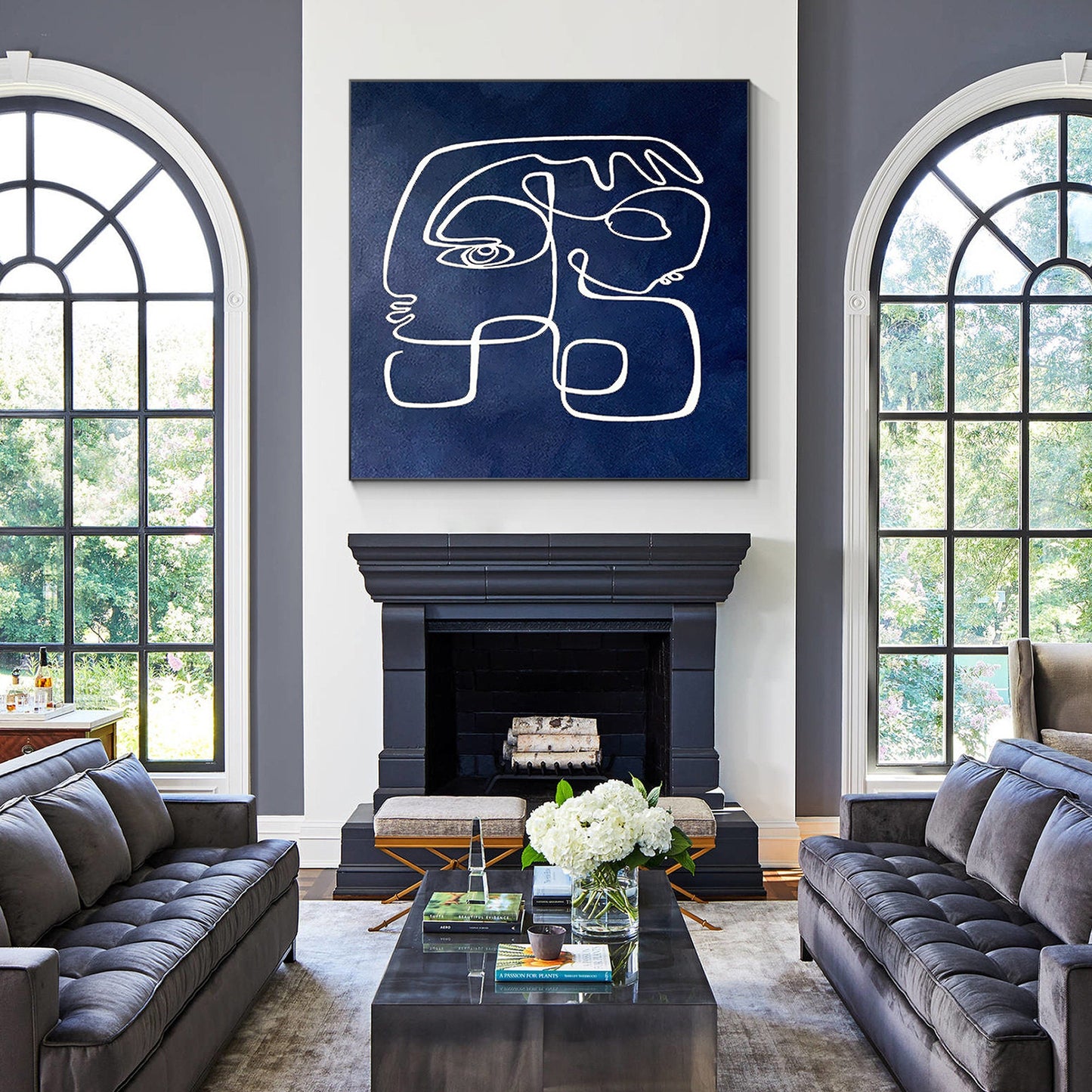 Navy Blue Abstract Line Art – Modern Acrylic Painting on Canvas #2