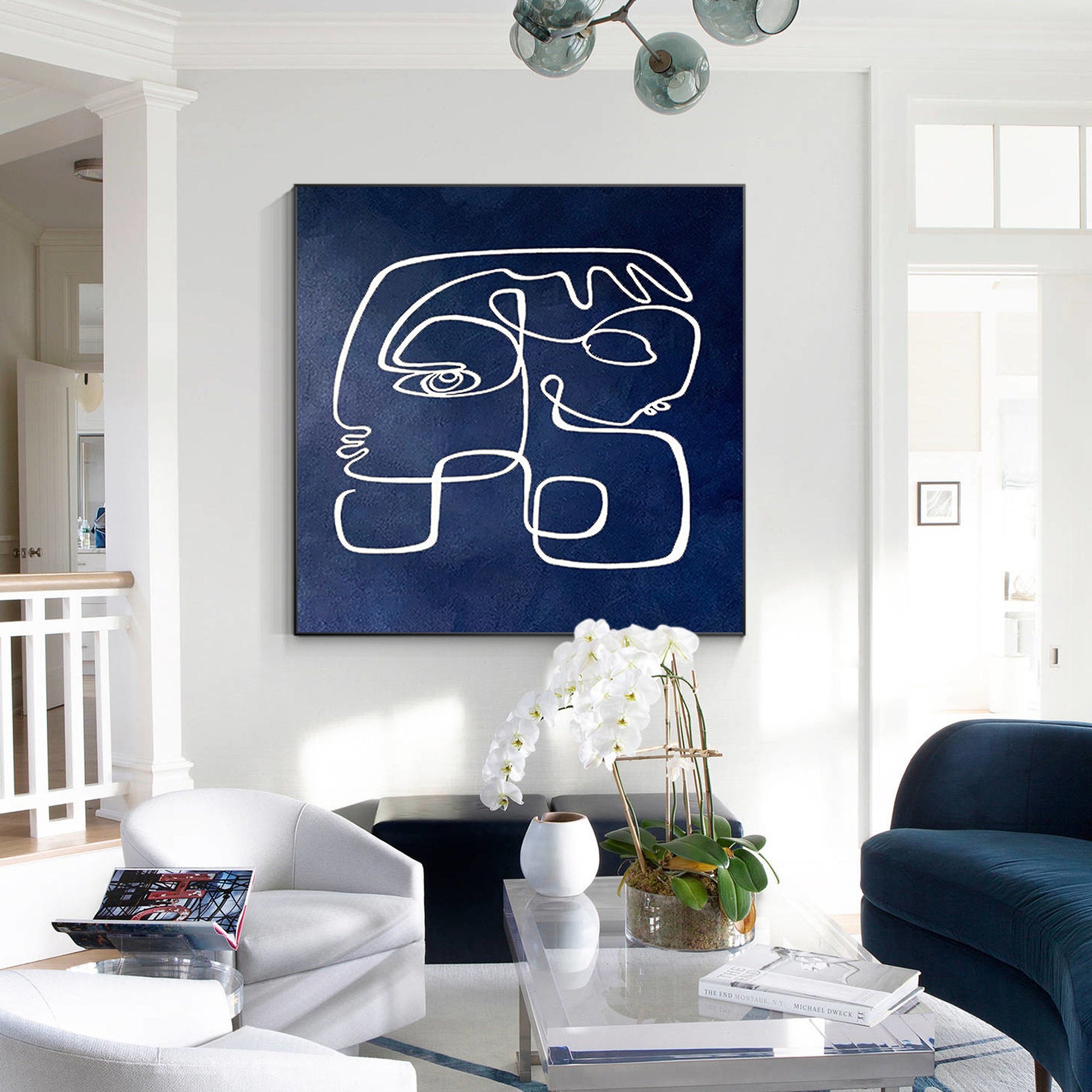 Navy Blue Abstract Line Art – Modern Acrylic Painting on Canvas #3