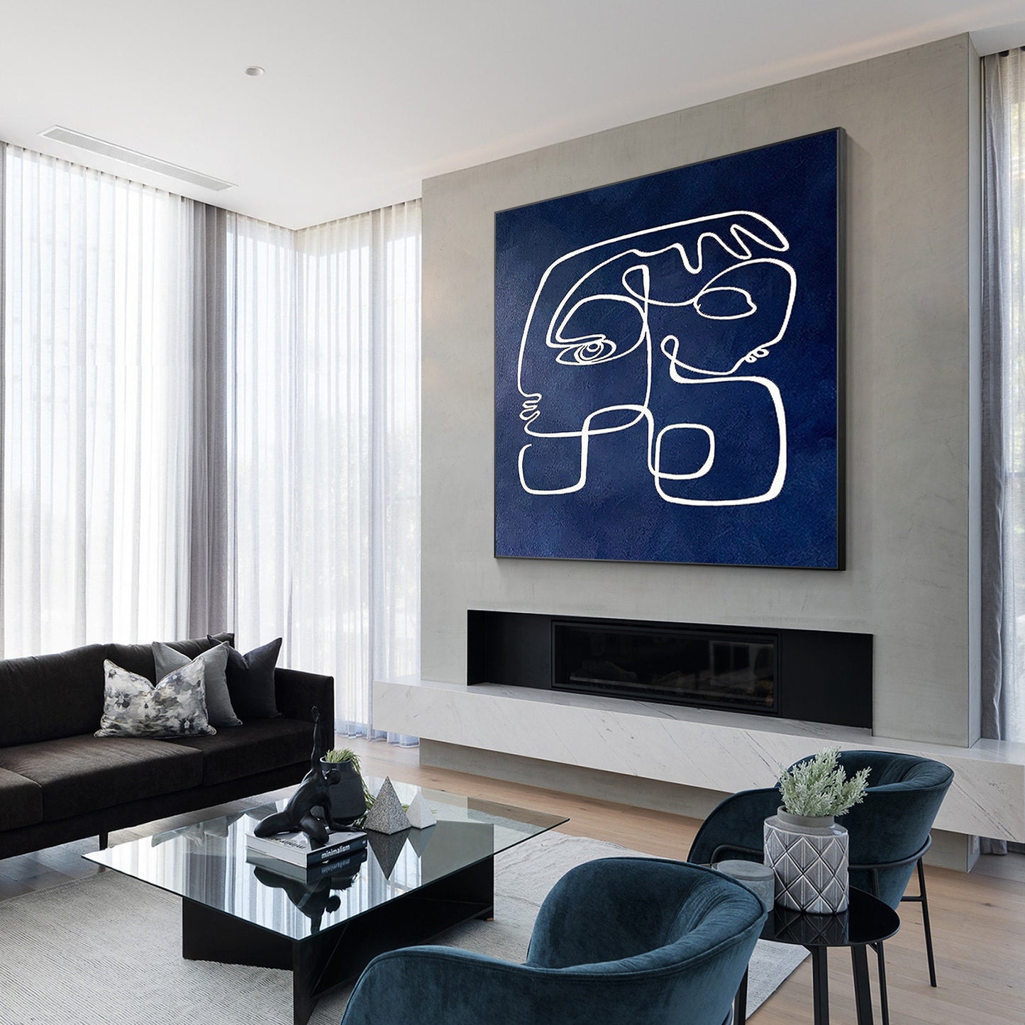 Navy Blue Abstract Line Art – Modern Acrylic Painting on Canvas #4