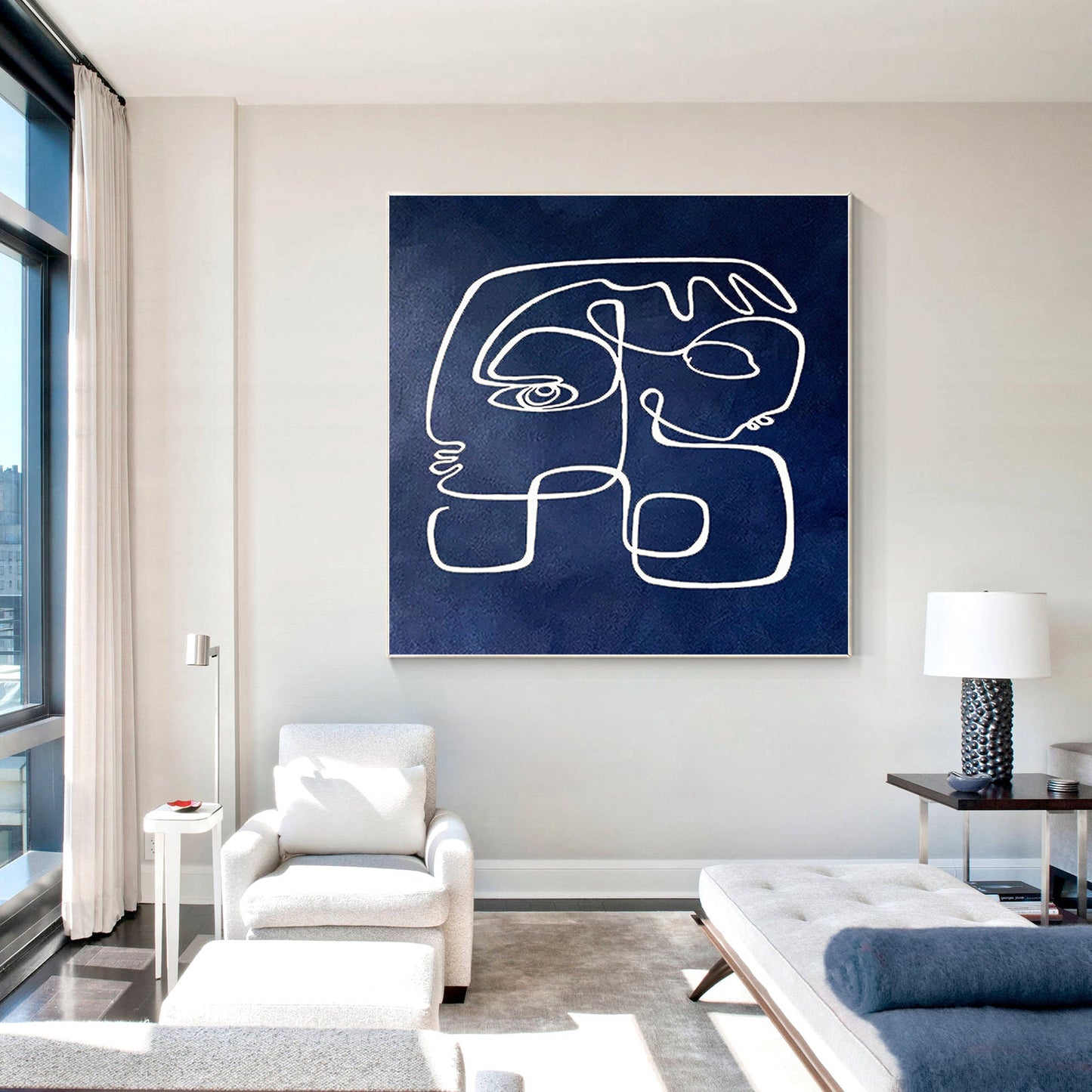 Navy Blue Abstract Line Art – Modern Acrylic Painting on Canvas #5