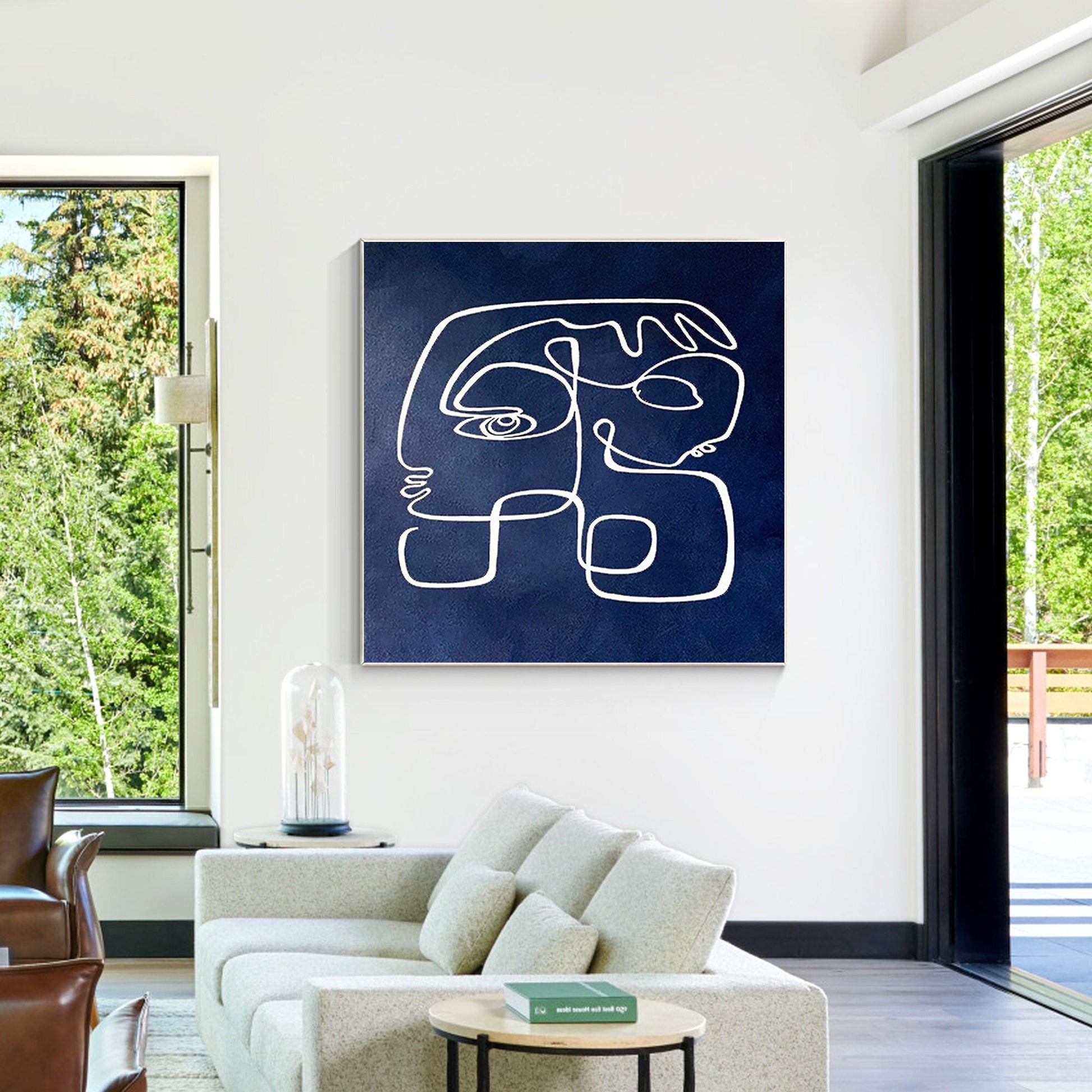 Navy Blue Abstract Line Art – Modern Acrylic Painting on Canvas #1