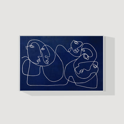 Navy Blue Abstract Line Art Painting, Minimalist Face Drawing on Canvas, Modern  #11