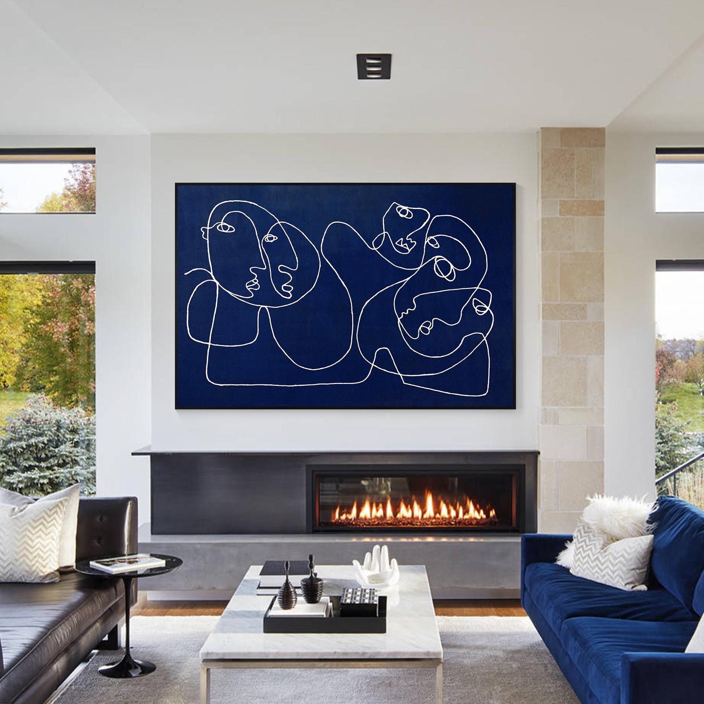 Navy Blue Abstract Line Art Painting, Minimalist Face Drawing on Canvas, Modern  #3