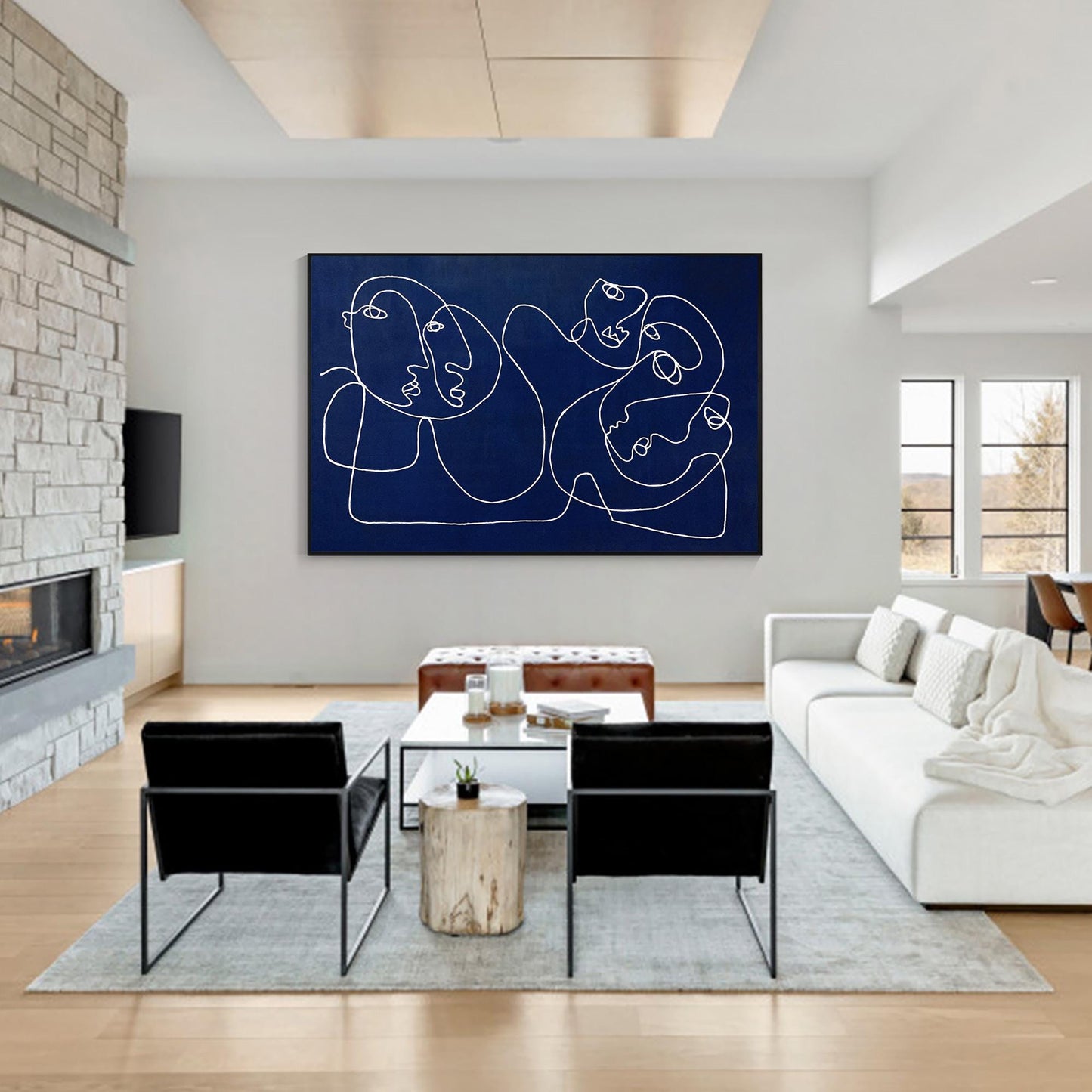 Navy Blue Abstract Line Art Painting, Minimalist Face Drawing on Canvas, Modern  #4