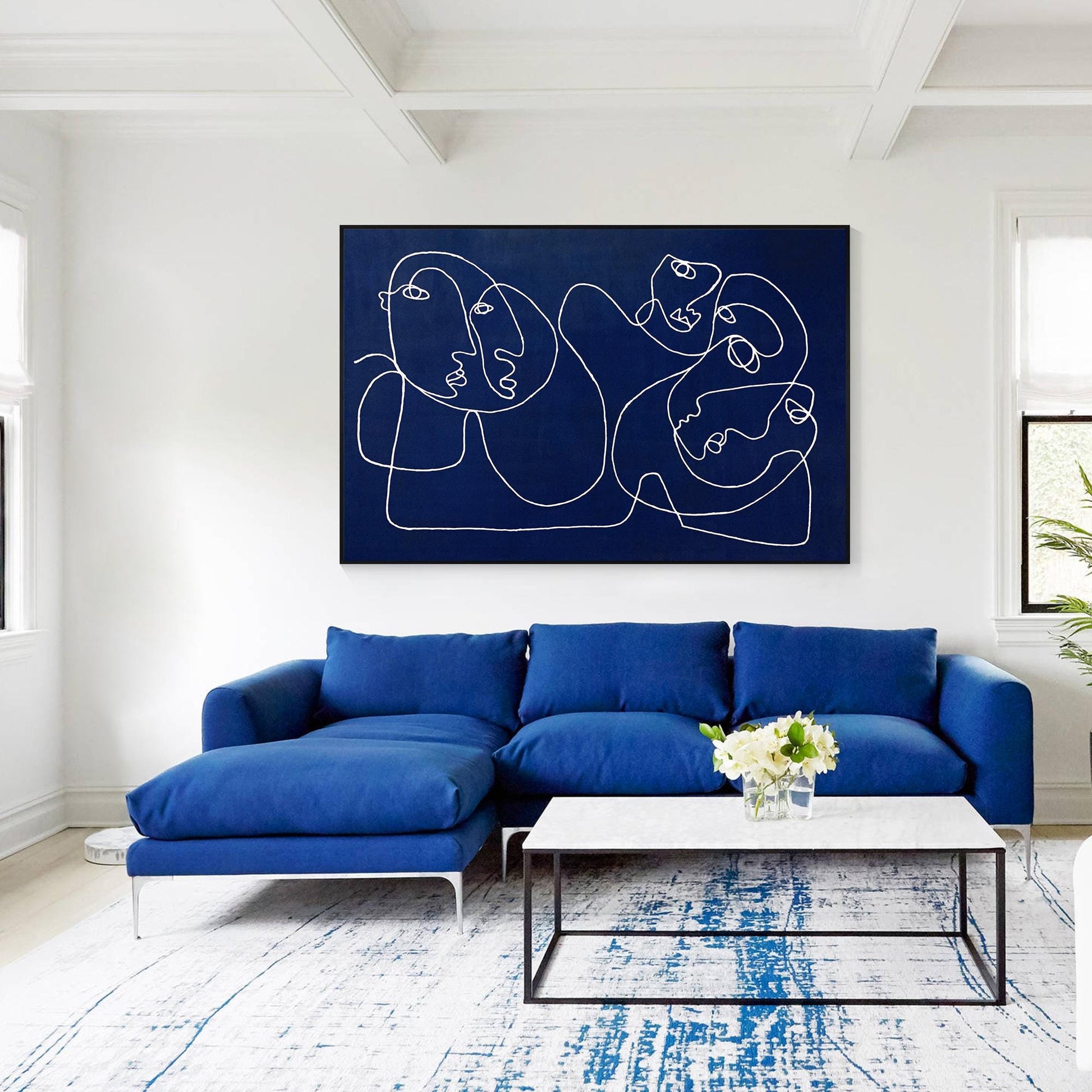 Navy Blue Abstract Line Art Painting, Minimalist Face Drawing on Canvas, Modern  #5