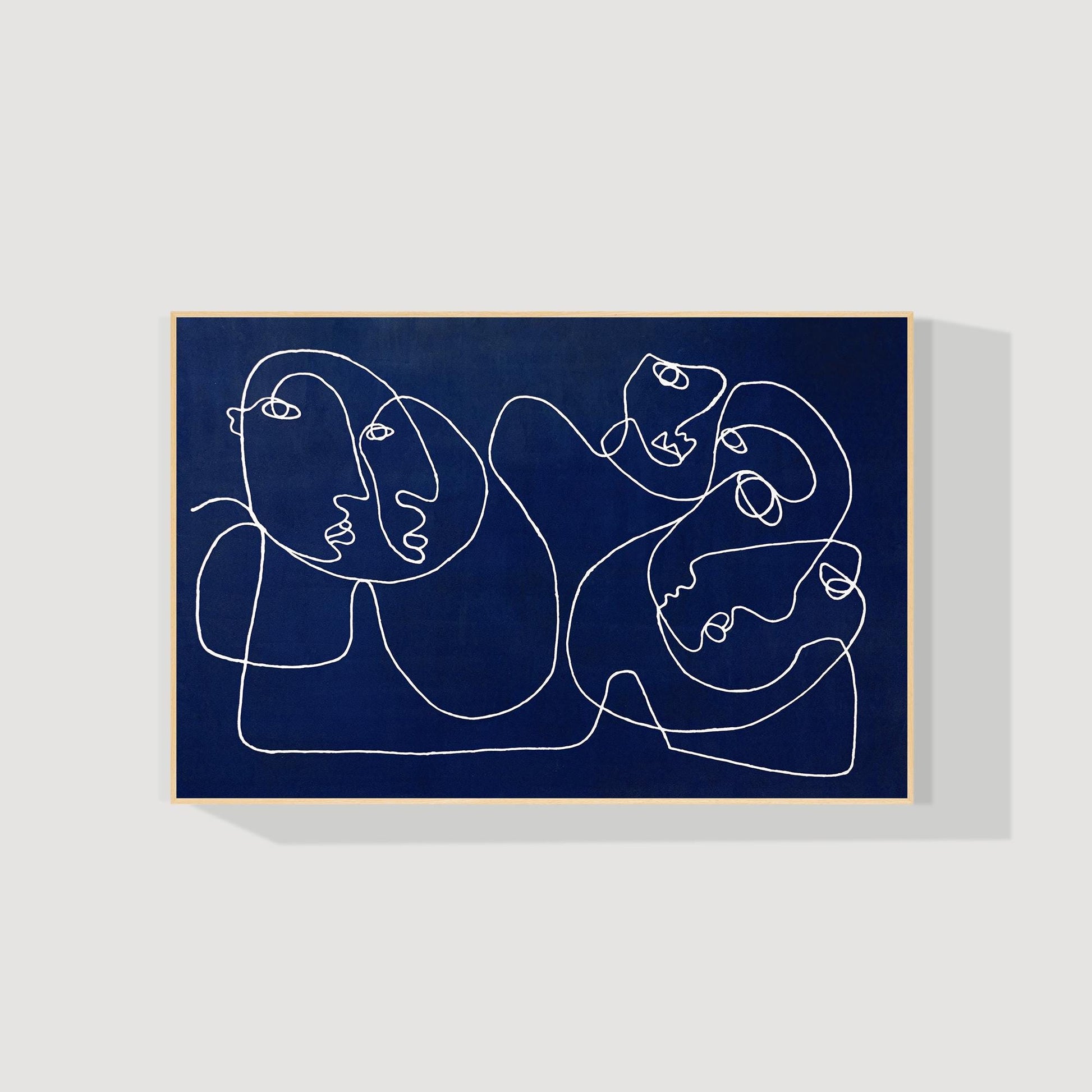 Navy Blue Abstract Line Art Painting, Minimalist Face Drawing on Canvas, Modern  #9