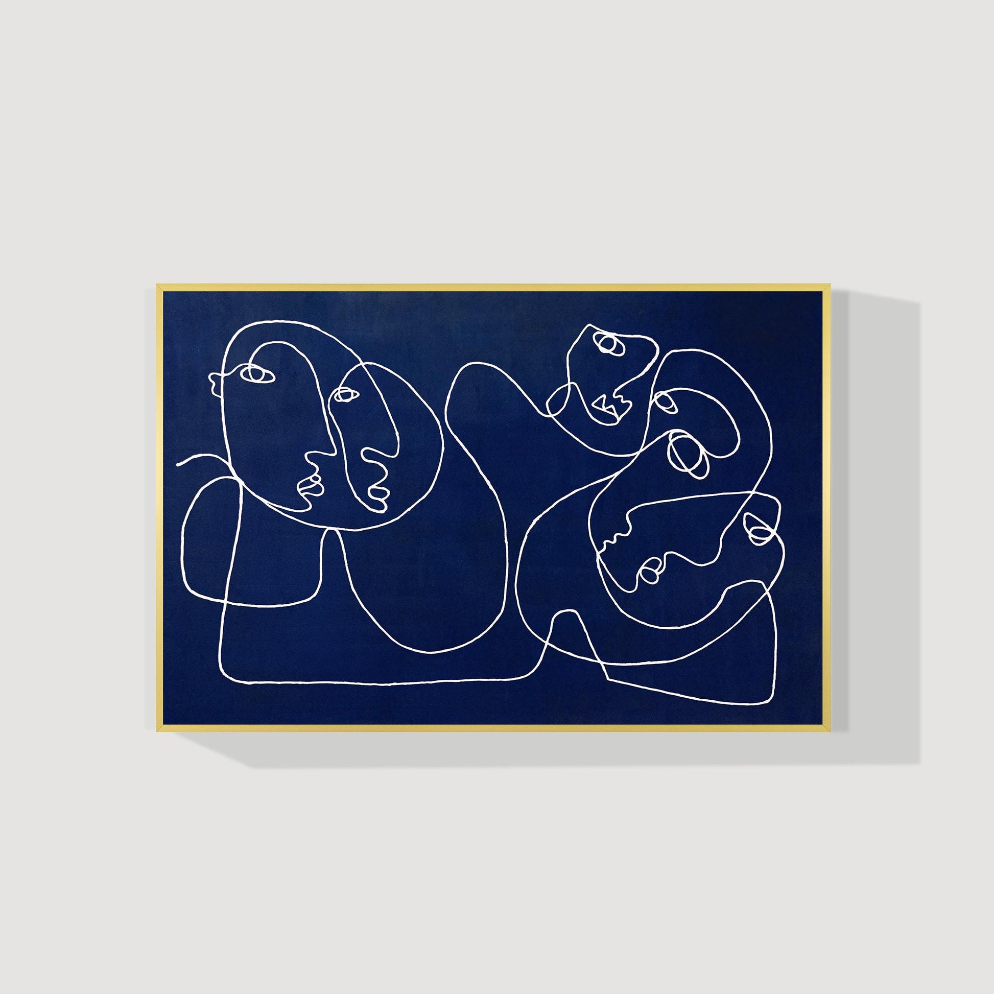 Navy Blue Abstract Line Art Painting, Minimalist Face Drawing on Canvas, Modern  #10