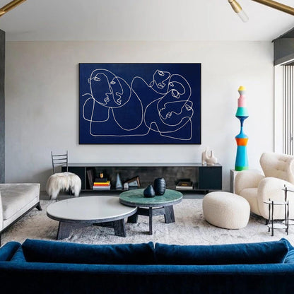 Navy Blue Abstract Line Art Painting, Minimalist Face Drawing on Canvas, Modern  #1